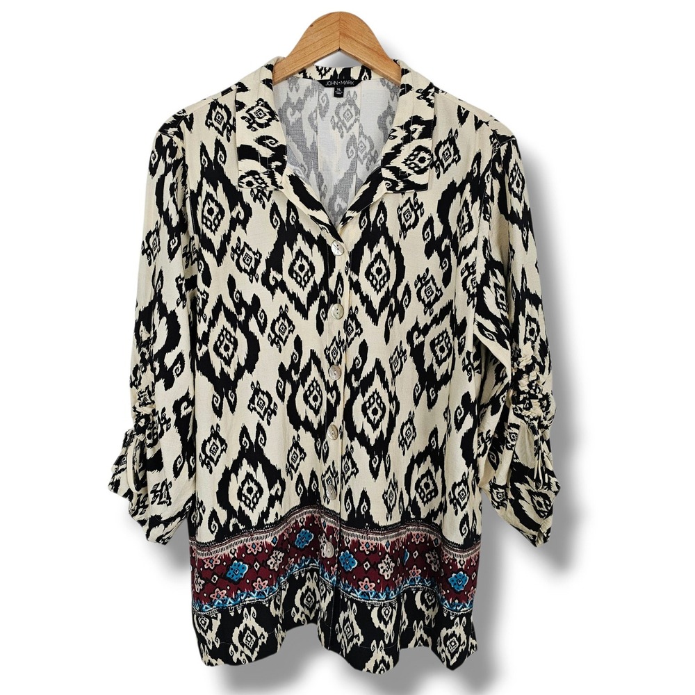 John Mark Top XL Women Cream Ikat Button Front Ruched Sleeve Boho Southwestern
